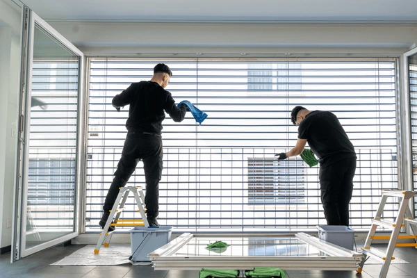 Two professional cleaners maintaining and cleaning large window blinds, ensuring durability and cleanliness for Dubai homes in 2025.