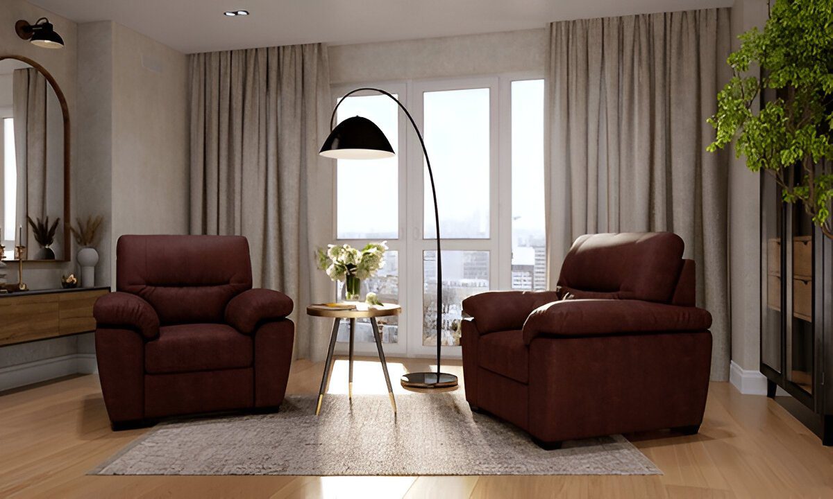 Modern office with brown leather chairs, a sleek table, and Dubai blackout curtains covering large windows.