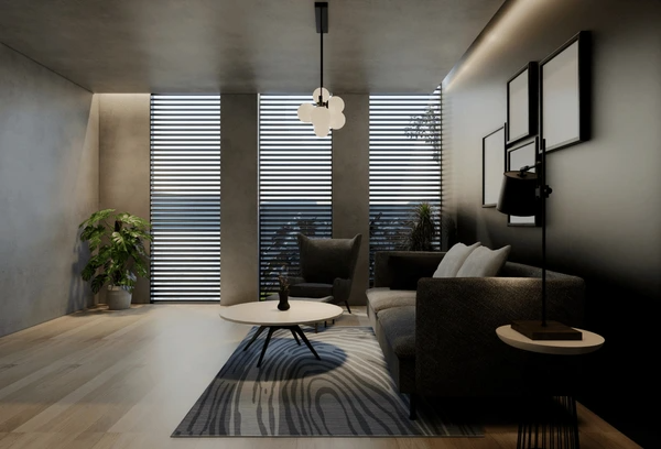 A modern living room featuring sleek cut-size blinds that enhance the luxurious and elegant ambiance, providing a trendy and stylish interior design in Dubai 2025.