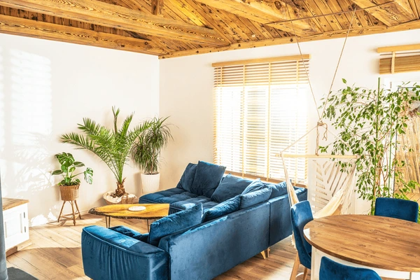Sunlit living room featuring eco-friendly wooden window blinds, blue velvet sofa, wooden ceiling, and lush green plants, creating a warm and natural atmosphere in a Dubai home.