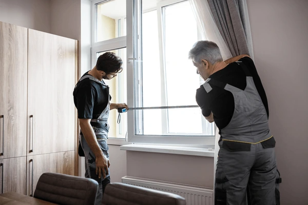 Two professional workers in uniform using a measuring tape to ensure precise window blind installation.