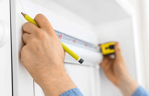 Close-up of hands using a measuring tape and pencil to mark precise points for DIY blind installation.