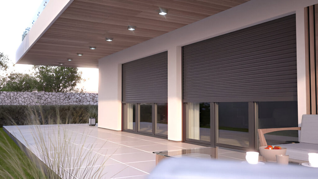 A stylish outdoor space with modern roller shutters, offering privacy, security, and a blend of trendy aesthetics with traditional Emirati architecture, perfect for Dubai homes.