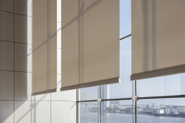 Beige window roller blinds in a modern home, filtering natural sunlight while offering privacy and a sleek, contemporary look.