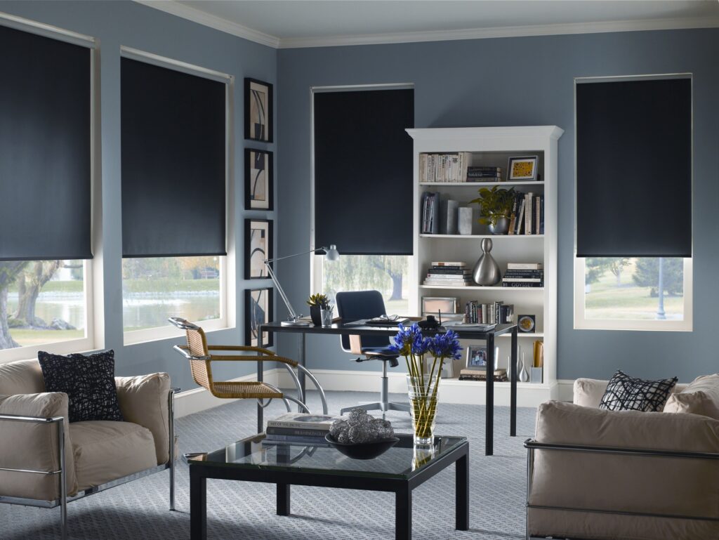 Stylish blackout blinds 2025 in a modern office, providing a top-rated, affordable, and custom window treatment in Dubai for light control and privacy.