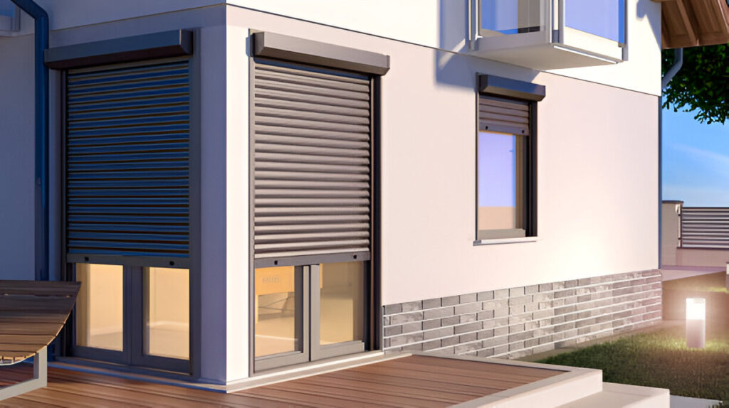 A modern home exterior in Dubai featuring stylish Emirati traditional and cultural blinds, blending heritage-inspired designs with contemporary architecture for the perfect 2025 window blinds solution.
