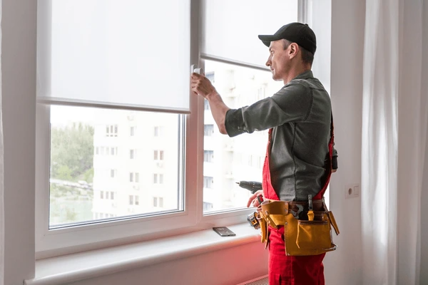 A skilled worker in a red uniform installing window blinds, ensuring a top-rated fit using Dubai 2025’s best blind installation techniques.