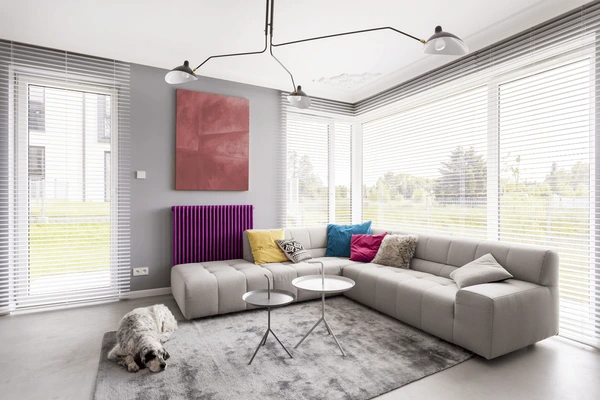 A bright modern living room with sleek white blinds, a stylish L-shaped sofa, and natural light enhancing the cozy space.