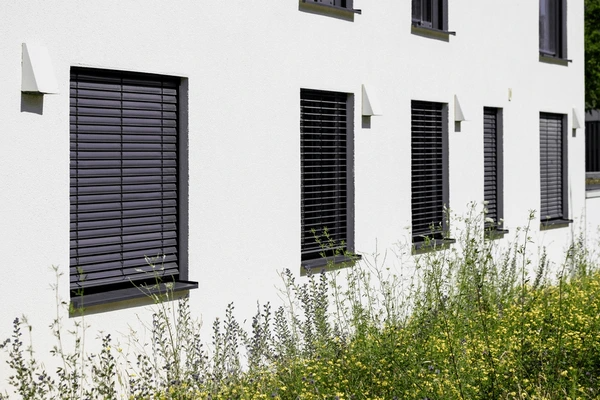 White modern home with multiple windows fitted with stylish black horizontal outdoor blinds, framed by tall green plants.