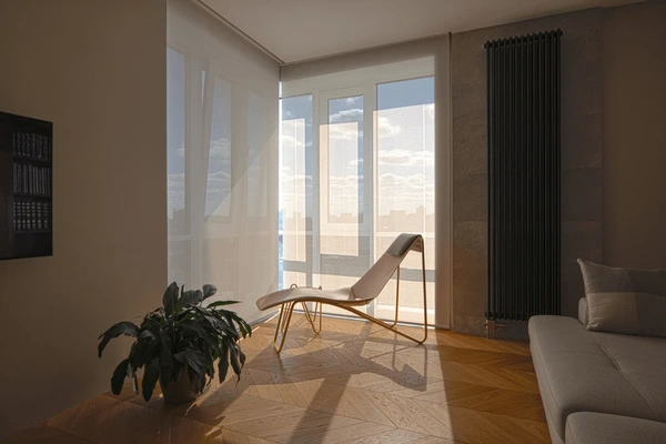 Elegant Dubai apartment interior with sheer motorized blinds, a sleek lounger, indoor plant, and soft natural light streaming through floor-to-ceiling windows.
