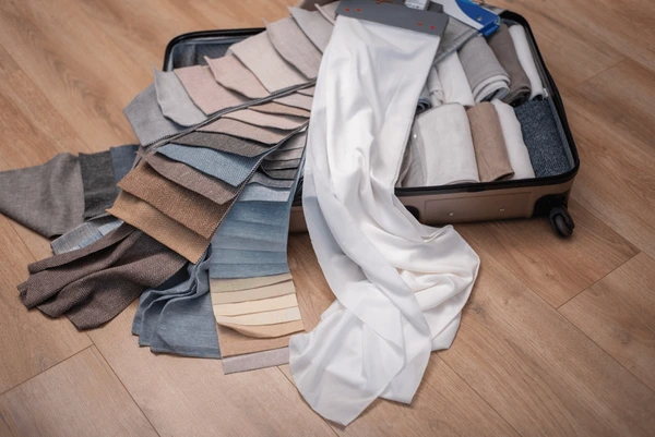 A variety of fabric samples for customized sheer curtains, showcasing elegant colors and textures, perfect for modern Dubai homes in 2025.
