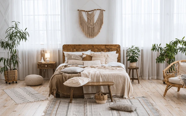 Trendy bedroom with soundproof curtains, blending elegance with superior noise control.