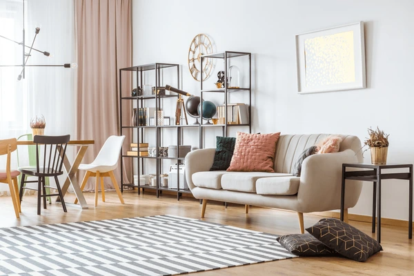 Best Washable & Shrink-Proof Curtains in Dubai 2025 for a trendy, elegant living room featuring a modern design with sleek furniture and light curtains.