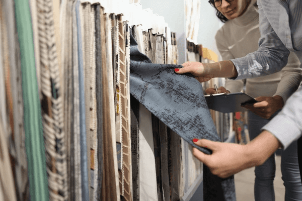 Two women selecting textured curtain fabrics from a variety of materials for sliding glass doors in a Dubai curtain shop.

