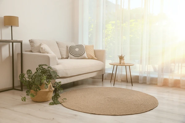 Bright sunlit living room in Dubai with sheer white curtains, beige sofa, round jute rug, indoor plants, and cozy modern decor.