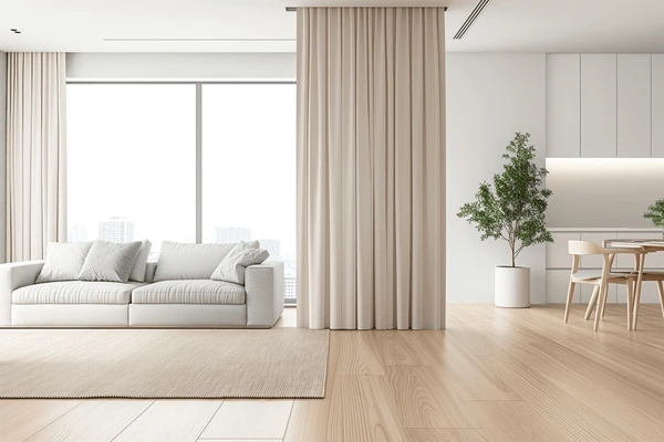 Modern living and dining area with full-height beige curtains, light wood flooring, white sofa, and large windows overlooking the city.