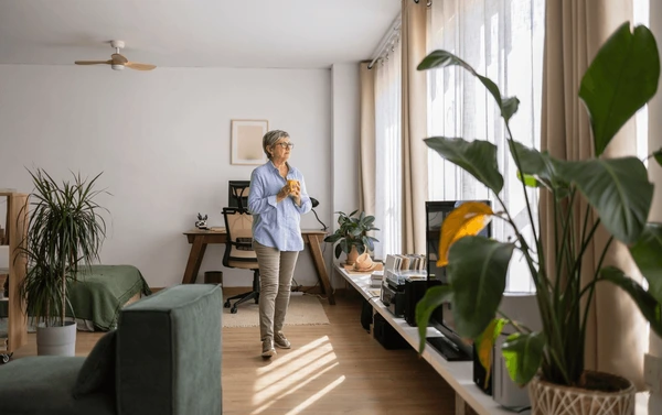 Bright living room with grey wall curtains, indoor plants, wooden flooring, and a senior woman enjoying natural light in Dubai 2025.