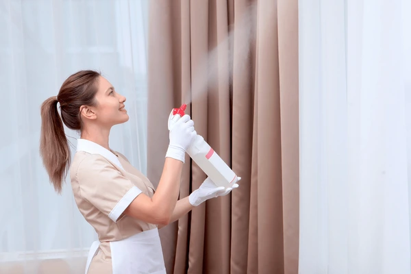 A professional cleaner in uniform spraying and refreshing elegant beige machine-washable curtains in a bright, modern Dubai home.