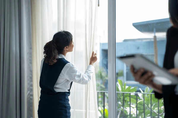 A professional Emirati Blinds & Curtains staff member in Dubai 2025 adjusting freshly cleaned and dried curtains in a modern home interior.